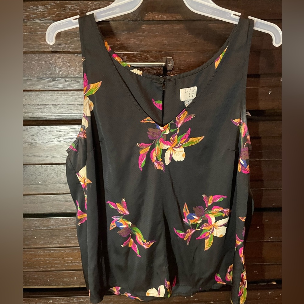 a new day black sleeveless blouse with tropical floral print